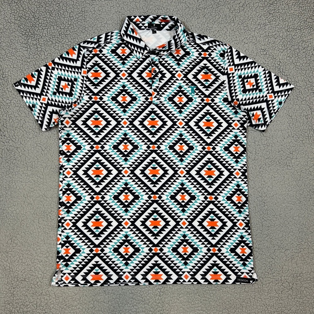 Trenton Men's‎ Polo Shirt Large Geometric Aztec Print Short Sleeve Stretch Golf